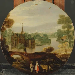 Een bebost rivierlandschap met een kasteel en reizigers die praten